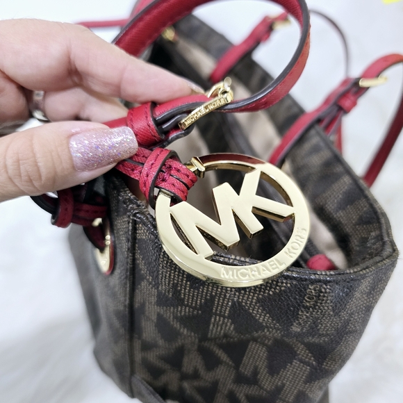 Michael Kors Jet Set Brown/Cherry Signature Logo Tote Shoulder Bag - Picture 10 of 16